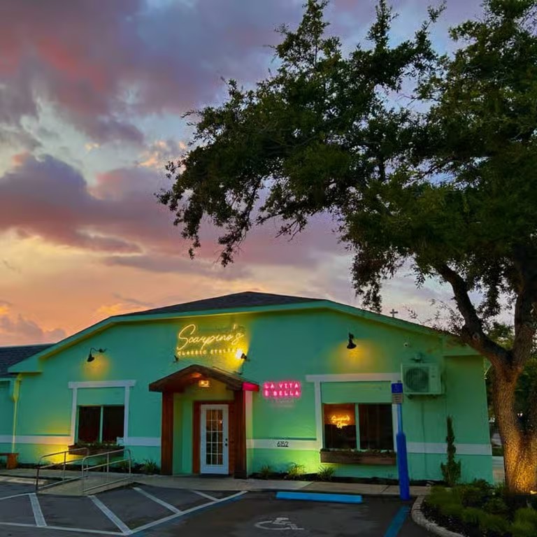 The exterior of Scarpino's Classic Italian at sunset in Bradenton